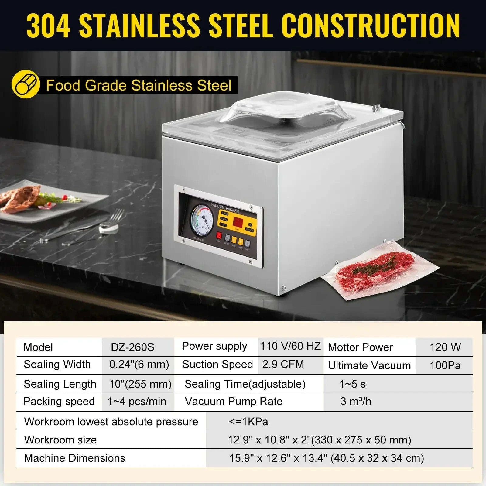 Commercial Vacuum Sealer Machine 120W DZ-260S Food Packing-Type A / United States