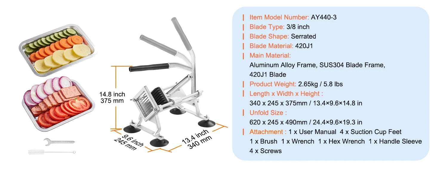 Commercial Vegetable Slicer 3/8" Stainless Steel Manual Cutter-0.375inch / france
