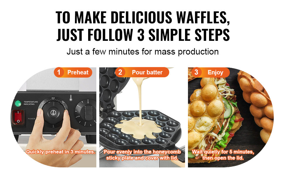 Commercial Bubble Waffle Maker 1400W Rotating Non-Stick Dual Pan