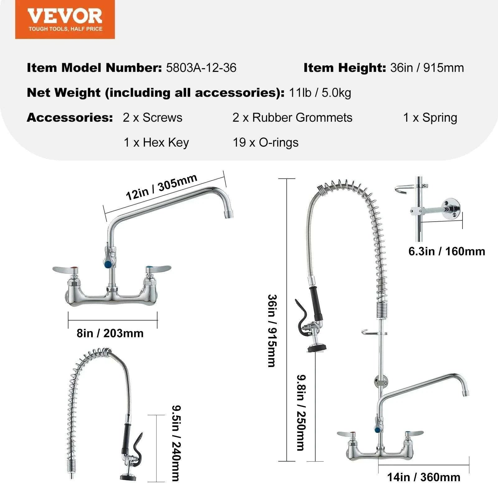 Commercial Wall Mount Kitchen Faucet with Pre-Rinse Sprayer-44inch / United States