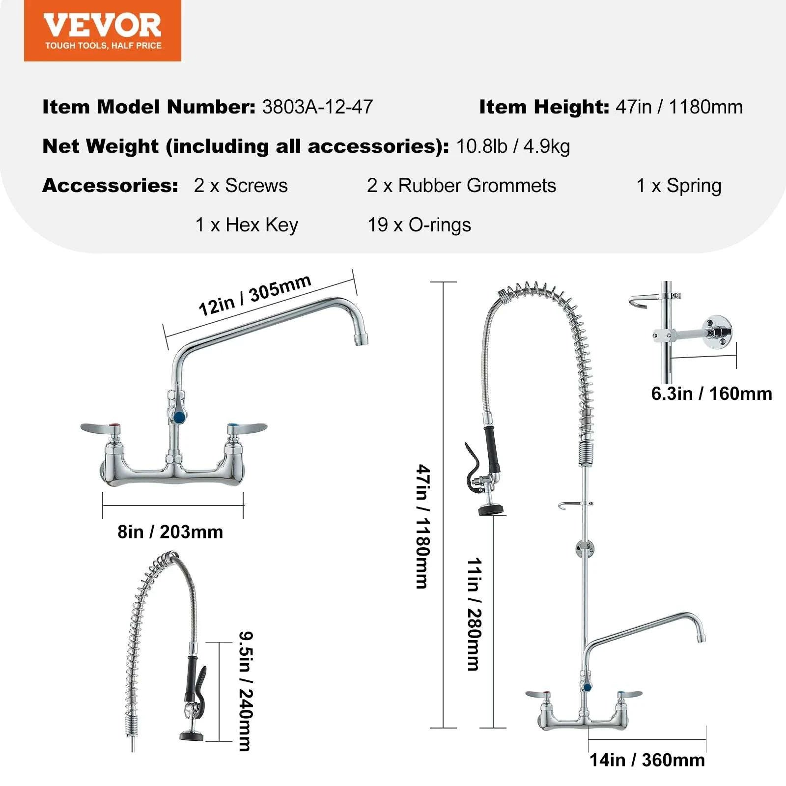 Commercial Wall Mount Kitchen Faucet with Pre-Rinse Sprayer-44inch / United States