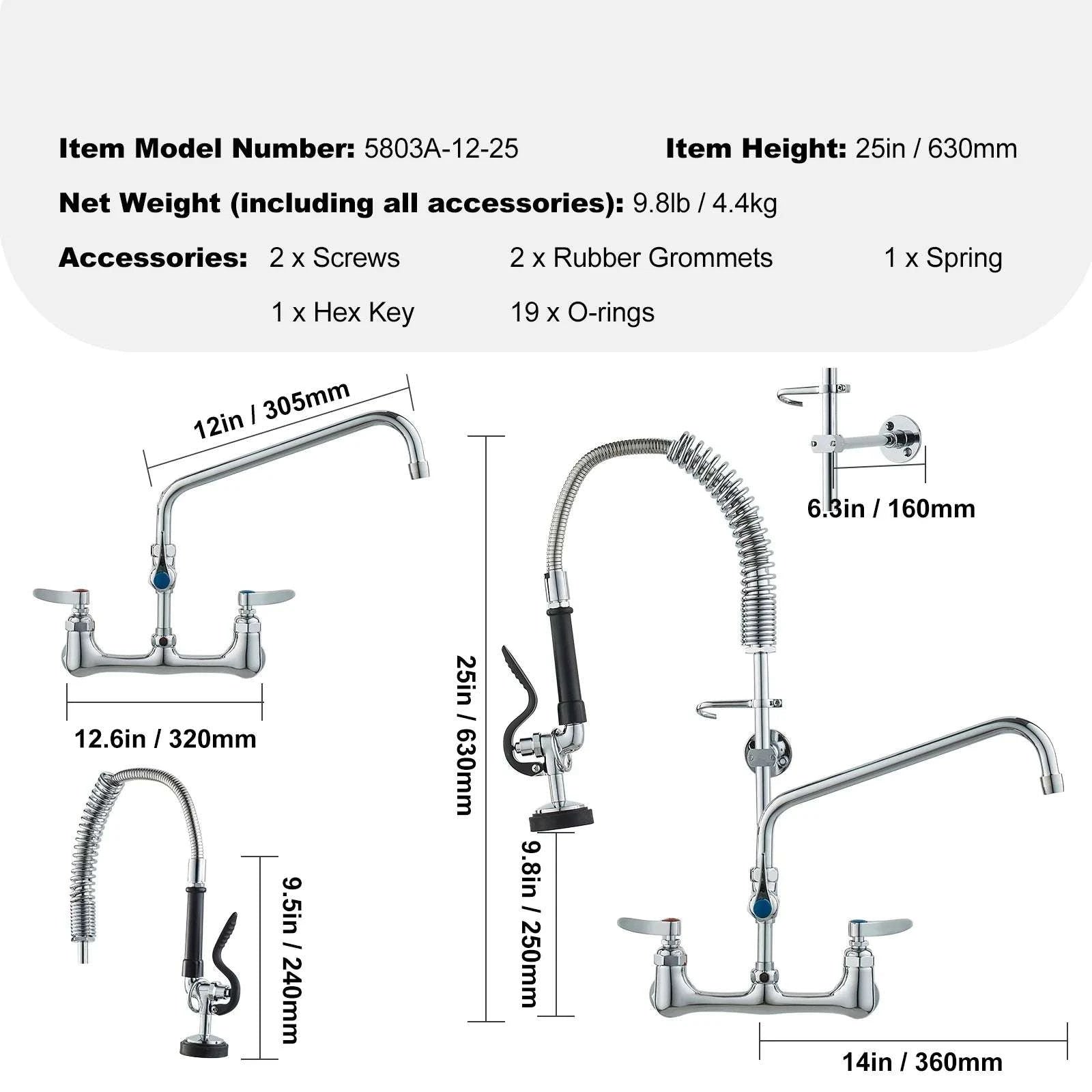 Commercial Wall Mount Kitchen Faucet with Pre-Rinse Sprayer-44inch / United States