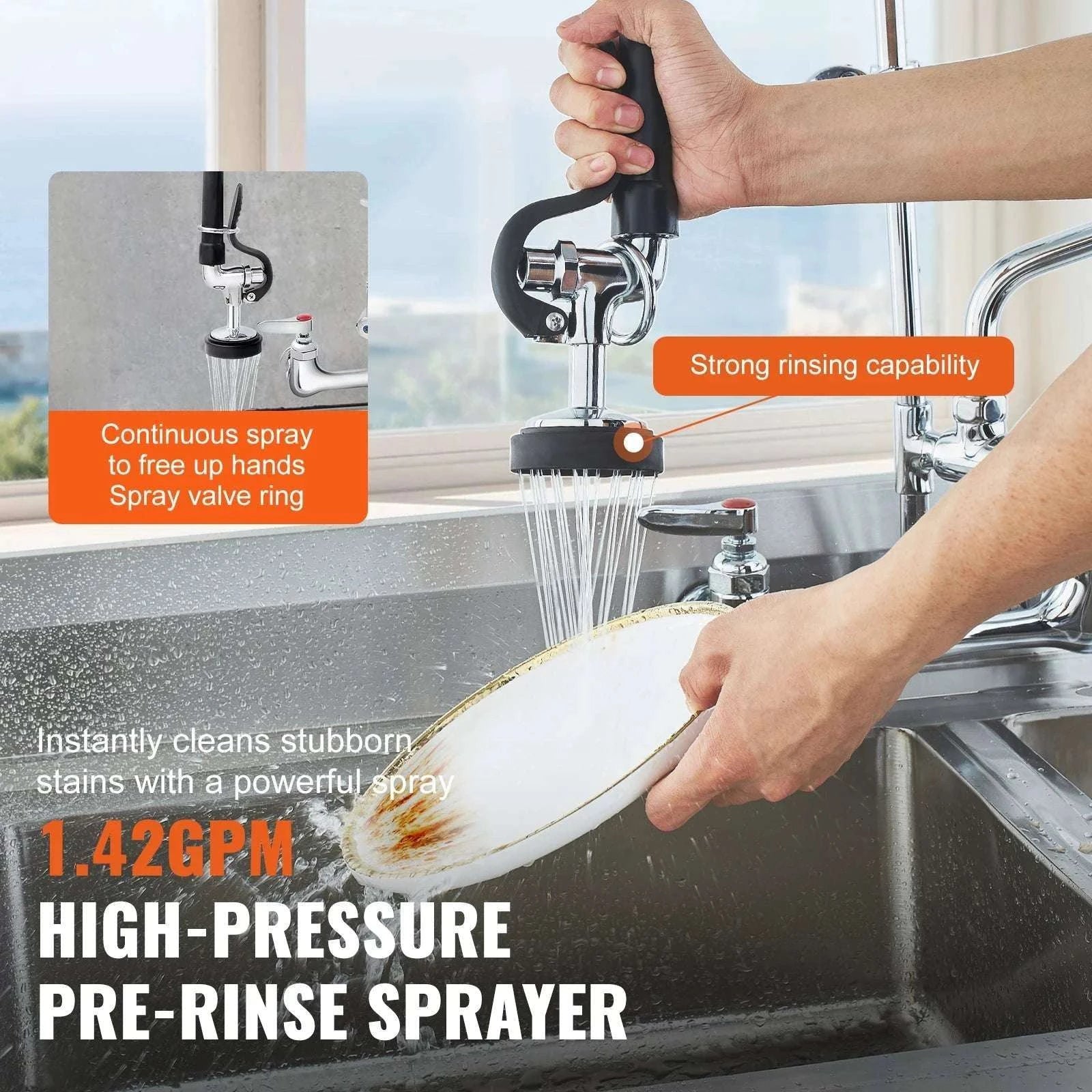 Commercial Wall Mount Kitchen Faucet with Pre-Rinse Sprayer-44inch / United States