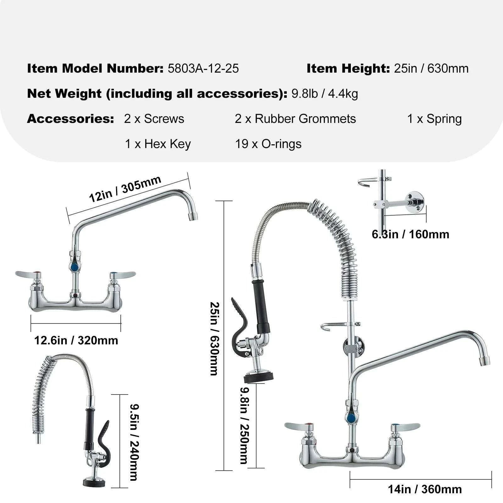 Commercial Wall Mount Kitchen Faucet with Pre-Rinse Sprayer-44inch / United States