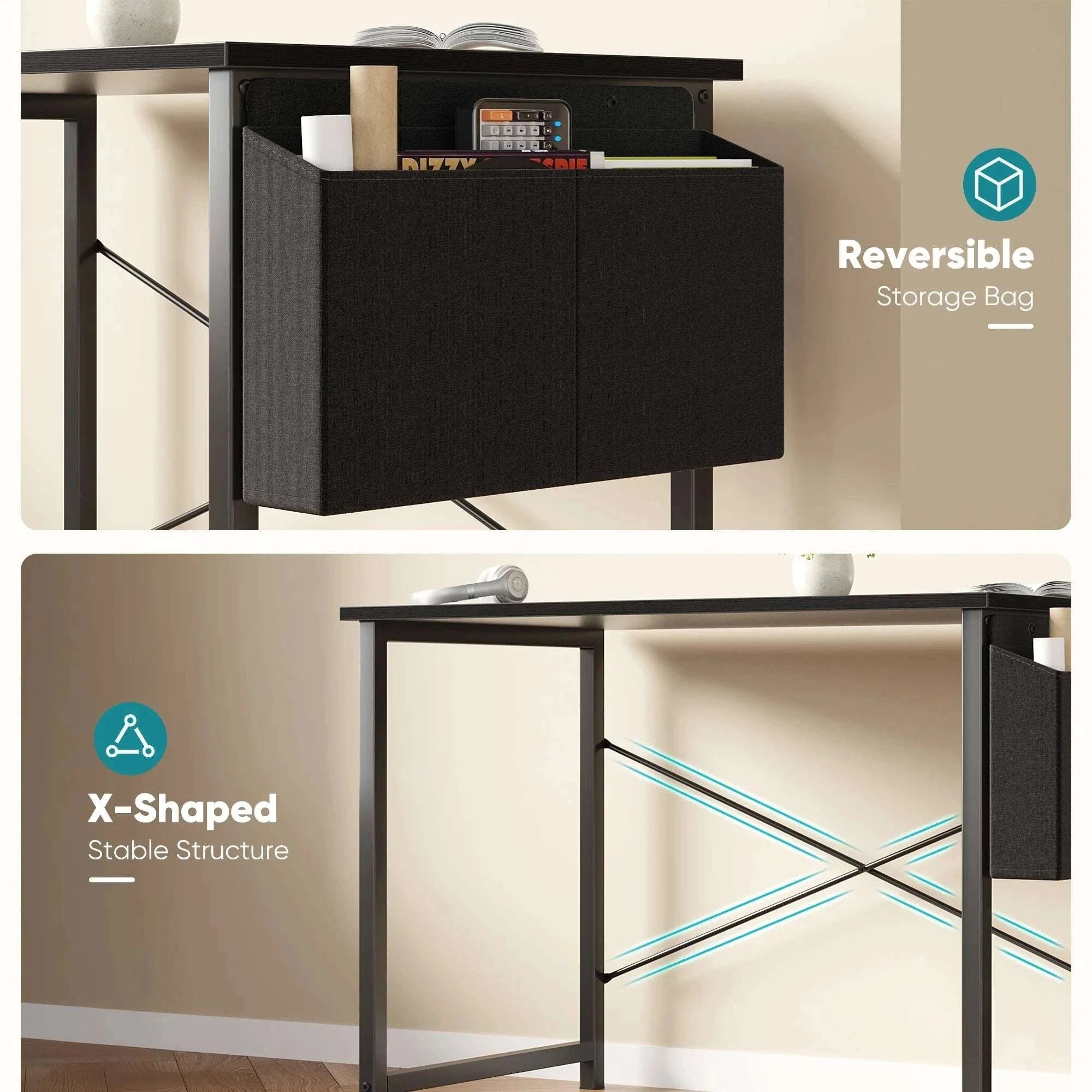 Computer Desk 31–55 Inch Writing & Gaming Table with Side Storage Bag-44IN Black / United States