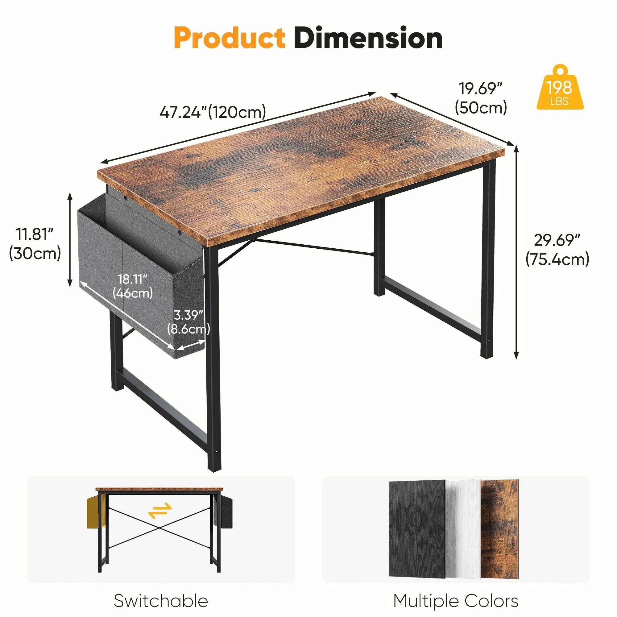 Computer Desk 31–55 Inch Writing & Gaming Table with Side Storage Bag-44IN Black / United States