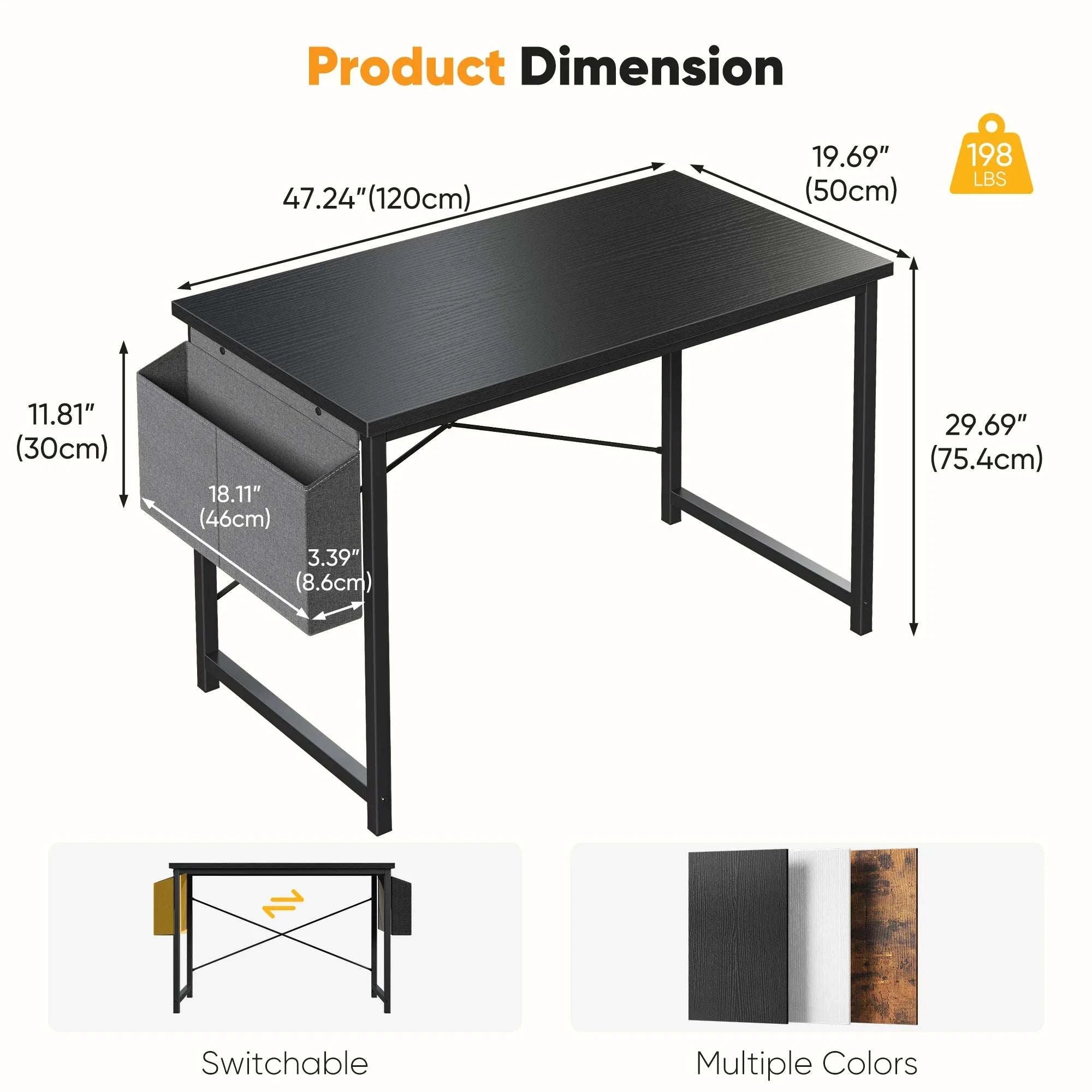 Computer Desk 31–55 Inch Writing & Gaming Table with Side Storage Bag-44IN Black / United States