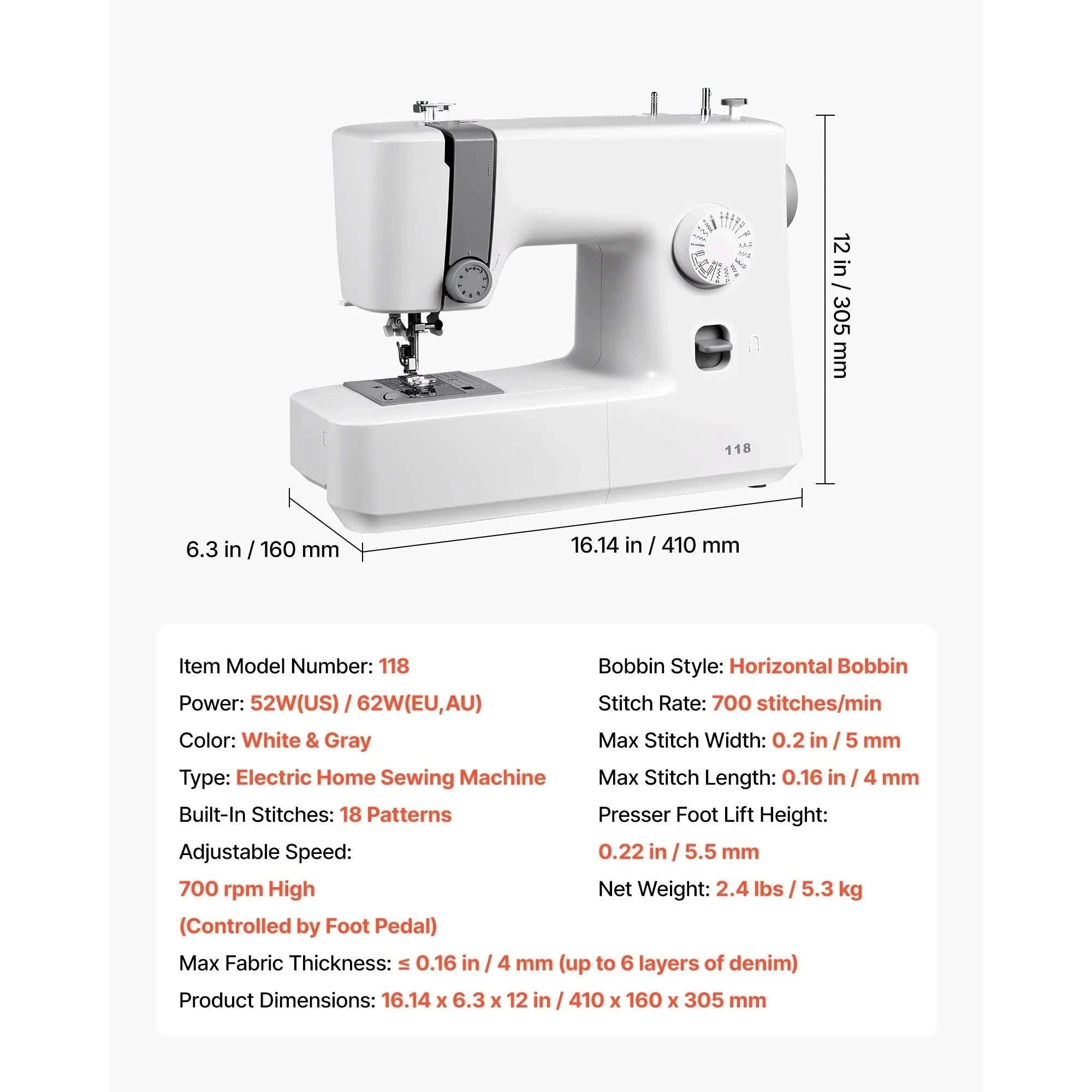 Computerized Sewing Machine with 60 Stitches, LED & Heavy-Duty Frame-42w 60 Patt. / United States