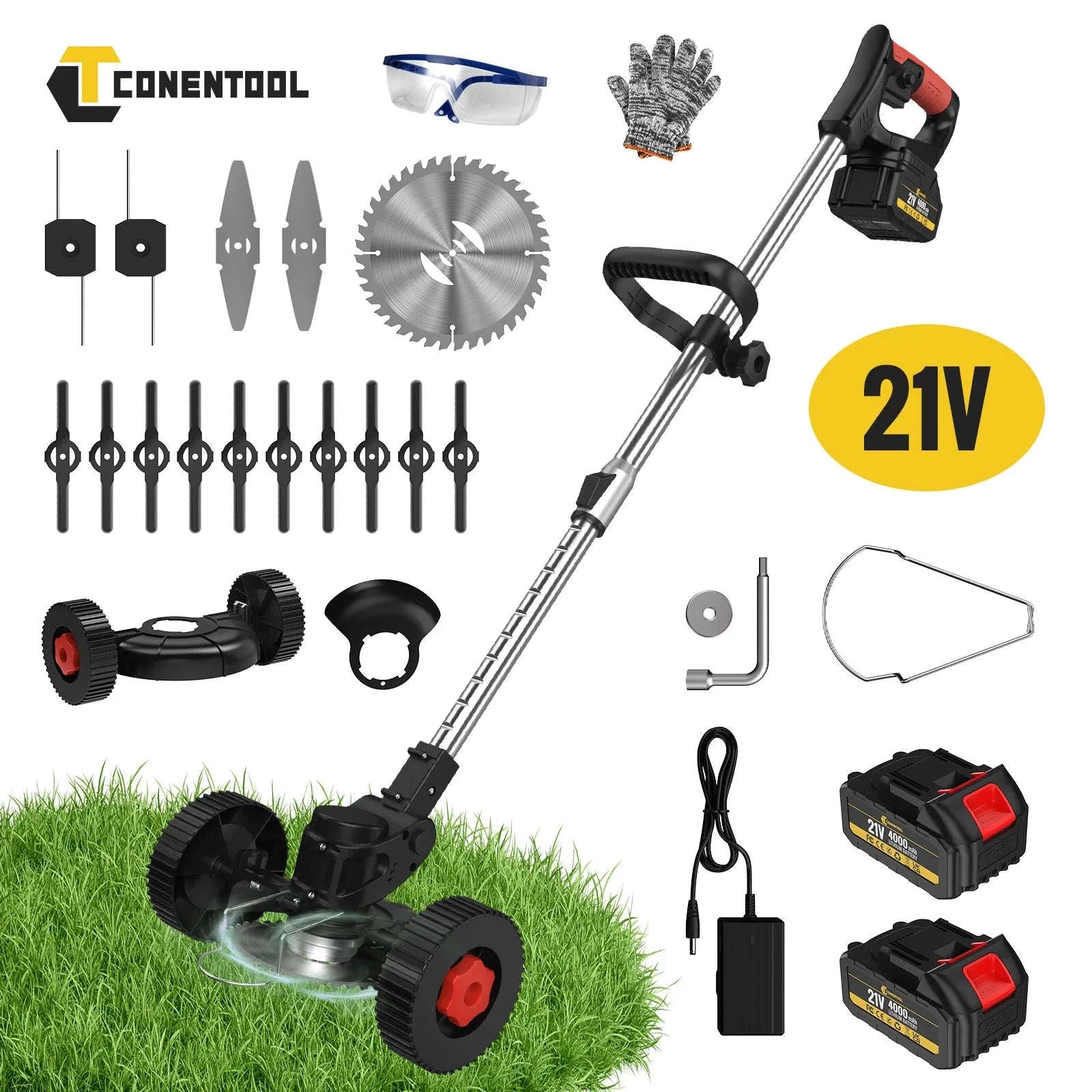 Conentool 24V Cordless Strimmer with Dual Batteries and Blade Set-21V-Green / UK / UNITED KINGDOM