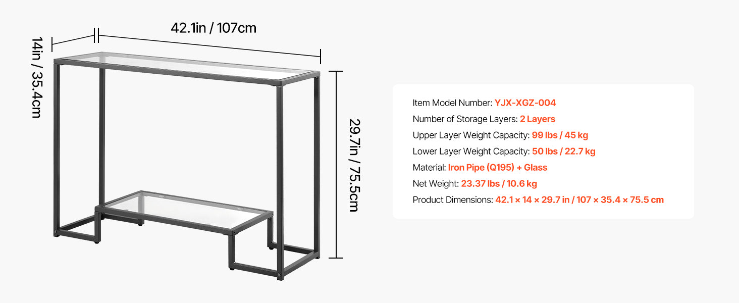 Modern Glass Console Table with Metal Frame, Multi-Tier Storage