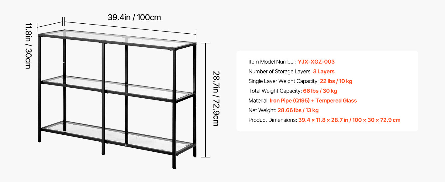 Modern Glass Console Table with Metal Frame, Multi-Tier Storage