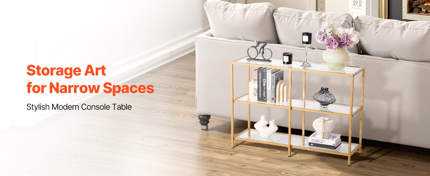 Modern Glass Console Table with Metal Frame, Multi-Tier Storage