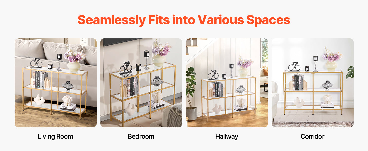 Modern Glass Console Table with Metal Frame, Multi-Tier Storage