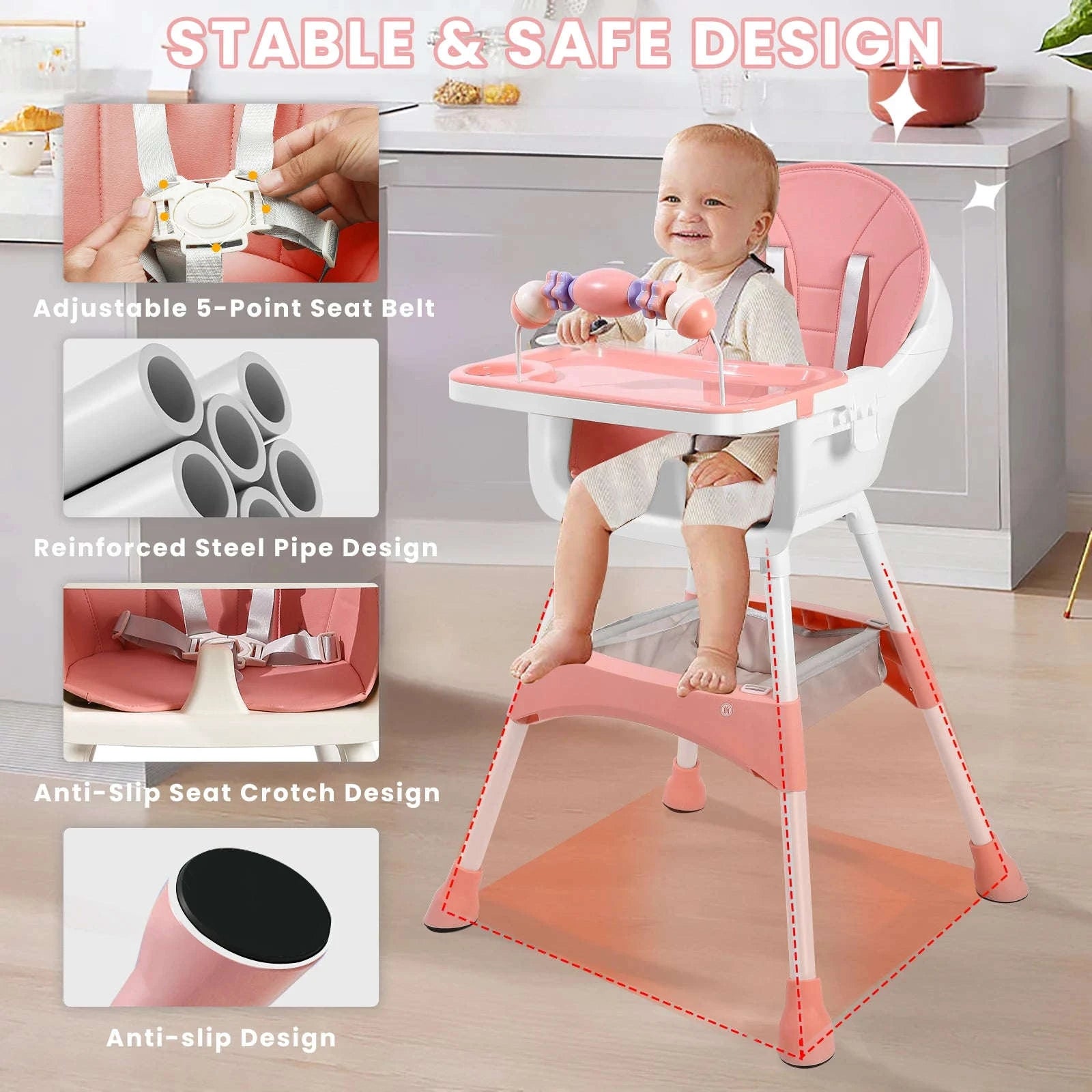 Convertible Baby High Chair-Pink / GERMANY
