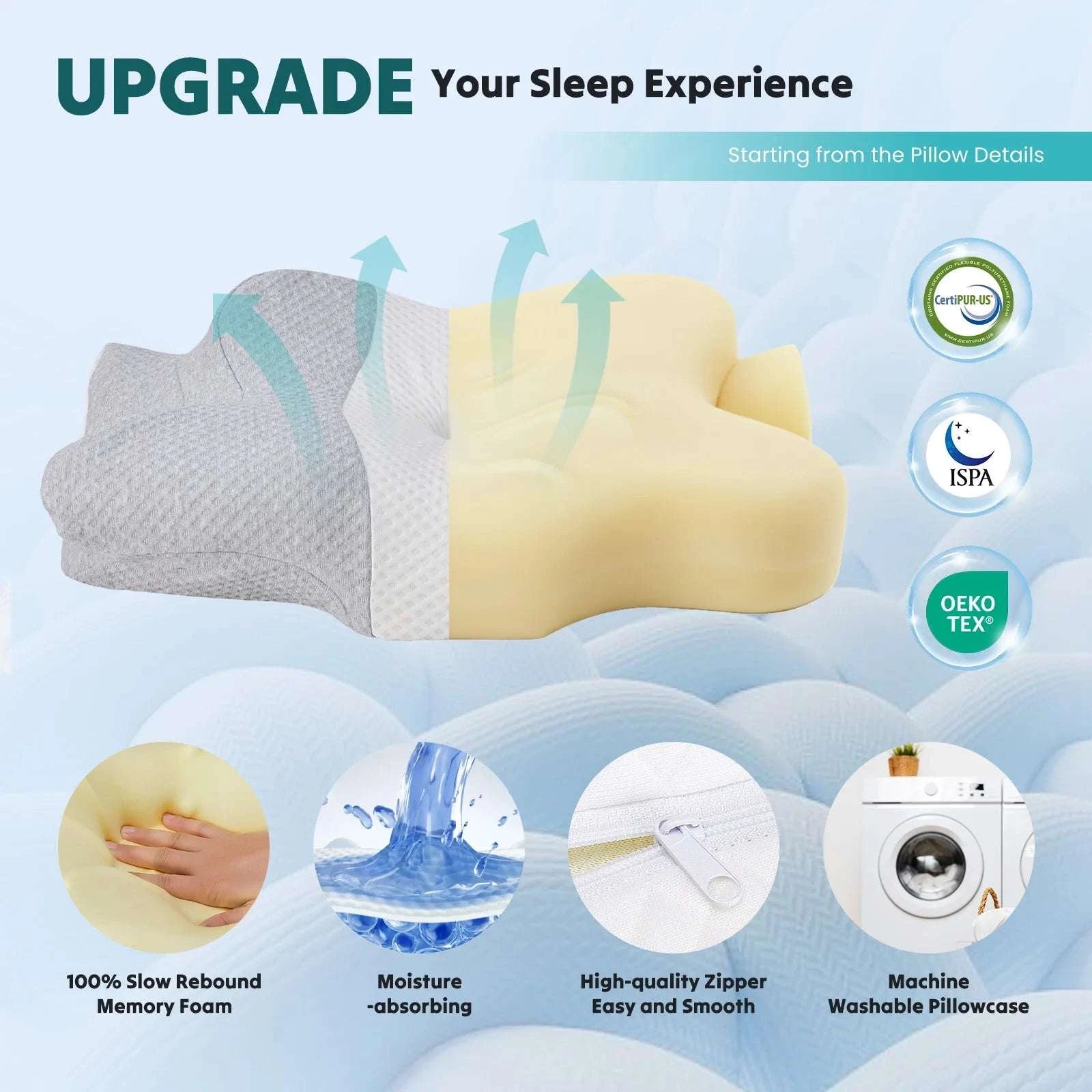 Cooling Cervical Neck Pillow with Memory Foam Contour Support-Light Grey / United States