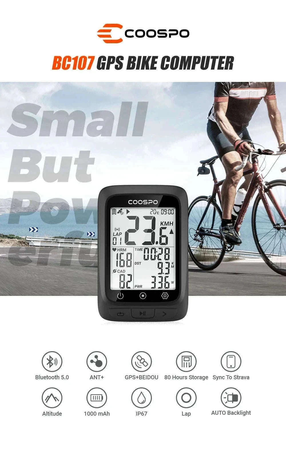 COOSPO BC107 Wireless GPS Bike Computer with Sensor Support-BC26-B