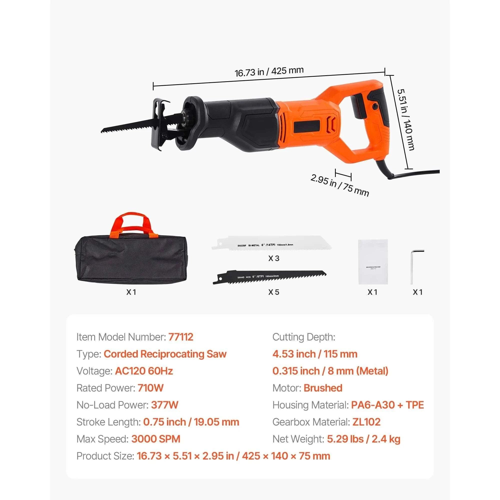 Corded Reciprocating Saw 7.5 Amp 2800 SPM Variable Speed Kit-Cordless 3000spm B / United States