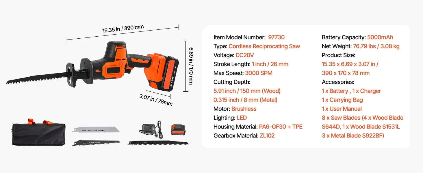 Corded Reciprocating Saw 7.5 Amp 2800 SPM Variable Speed Kit-Cordless 3000spm B / United States