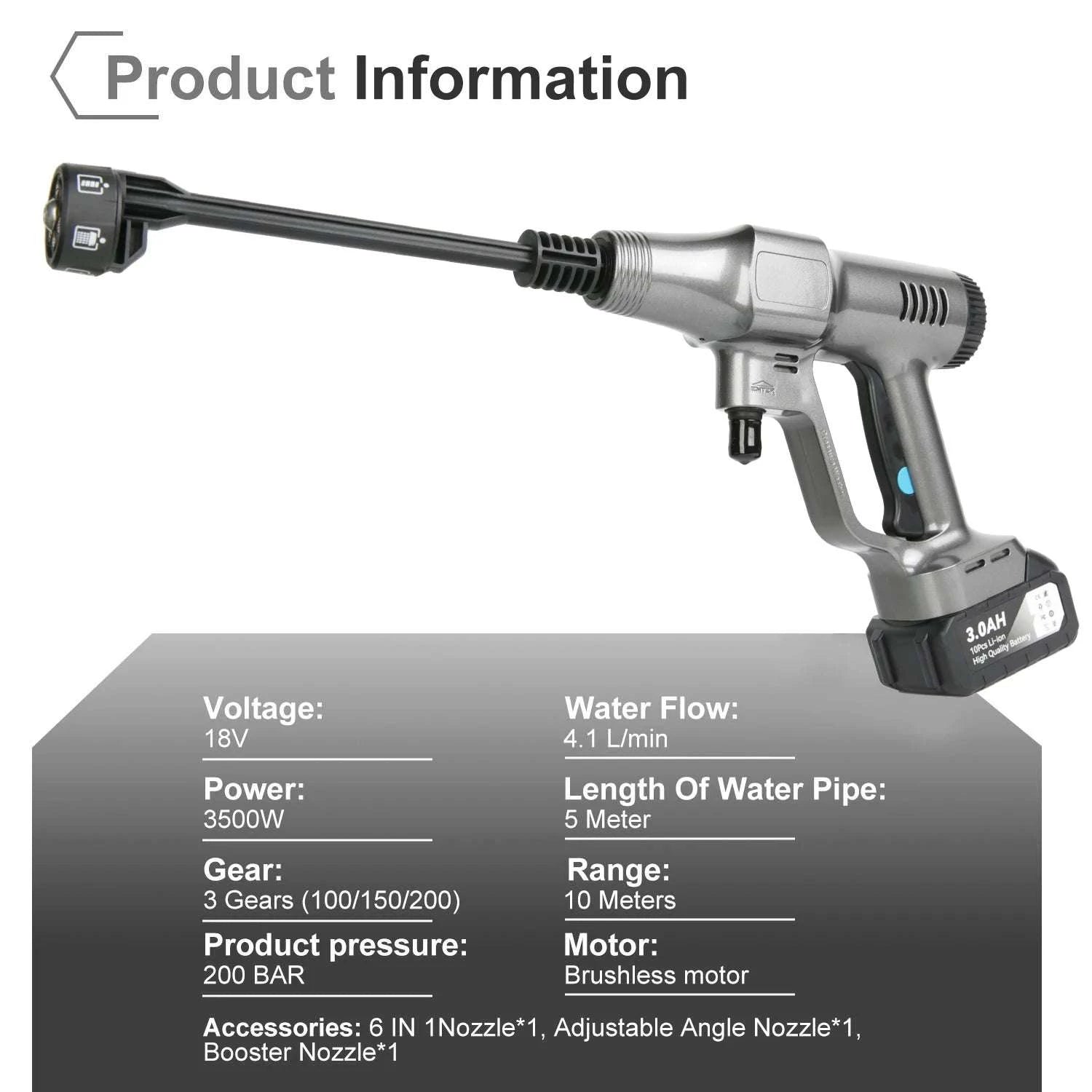 Cordless 200Bar High Pressure Washer with 6-in-1 Nozzle-1 pc battery / EU / france|Electric
