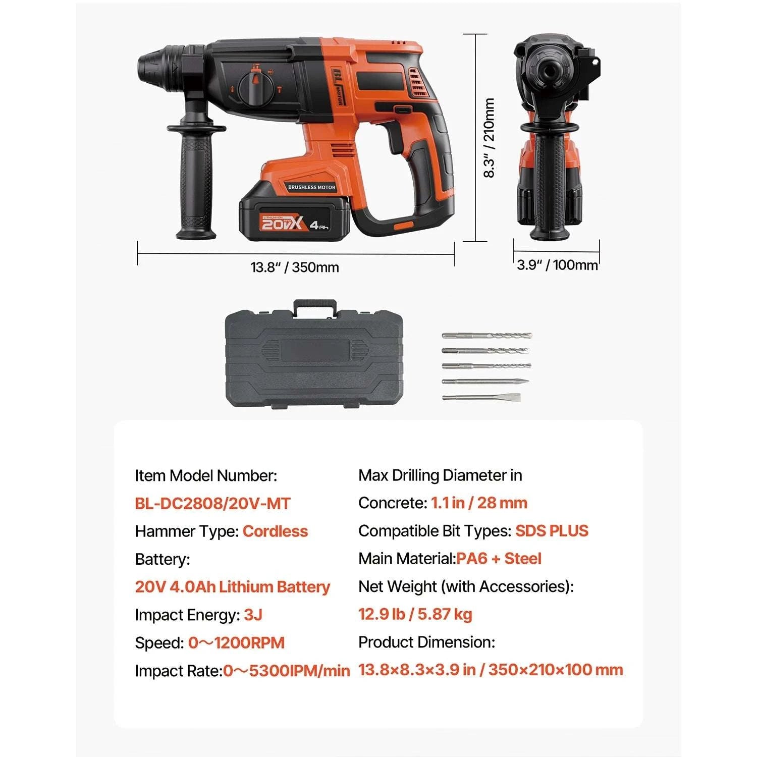 Cordless 20V SDS-Plus Rotary Hammer Drill 26mm with 4Ah Battery Kit-28mm 1.1in / United States