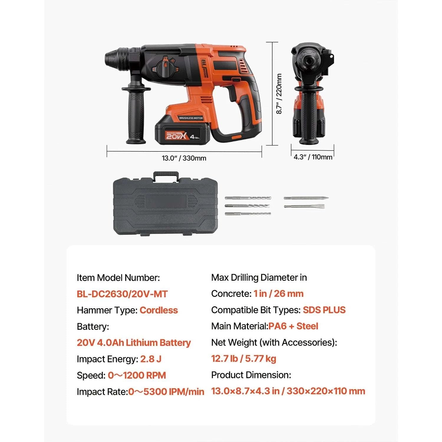 Cordless 20V SDS-Plus Rotary Hammer Drill 26mm with 4Ah Battery Kit-28mm 1.1in / United States