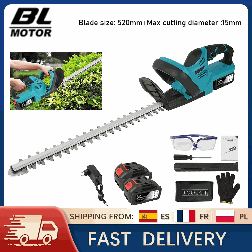Cordless 21V Hedge Trimmer 520mm Brushless Garden Shear Tool-2 pcs batteries / france