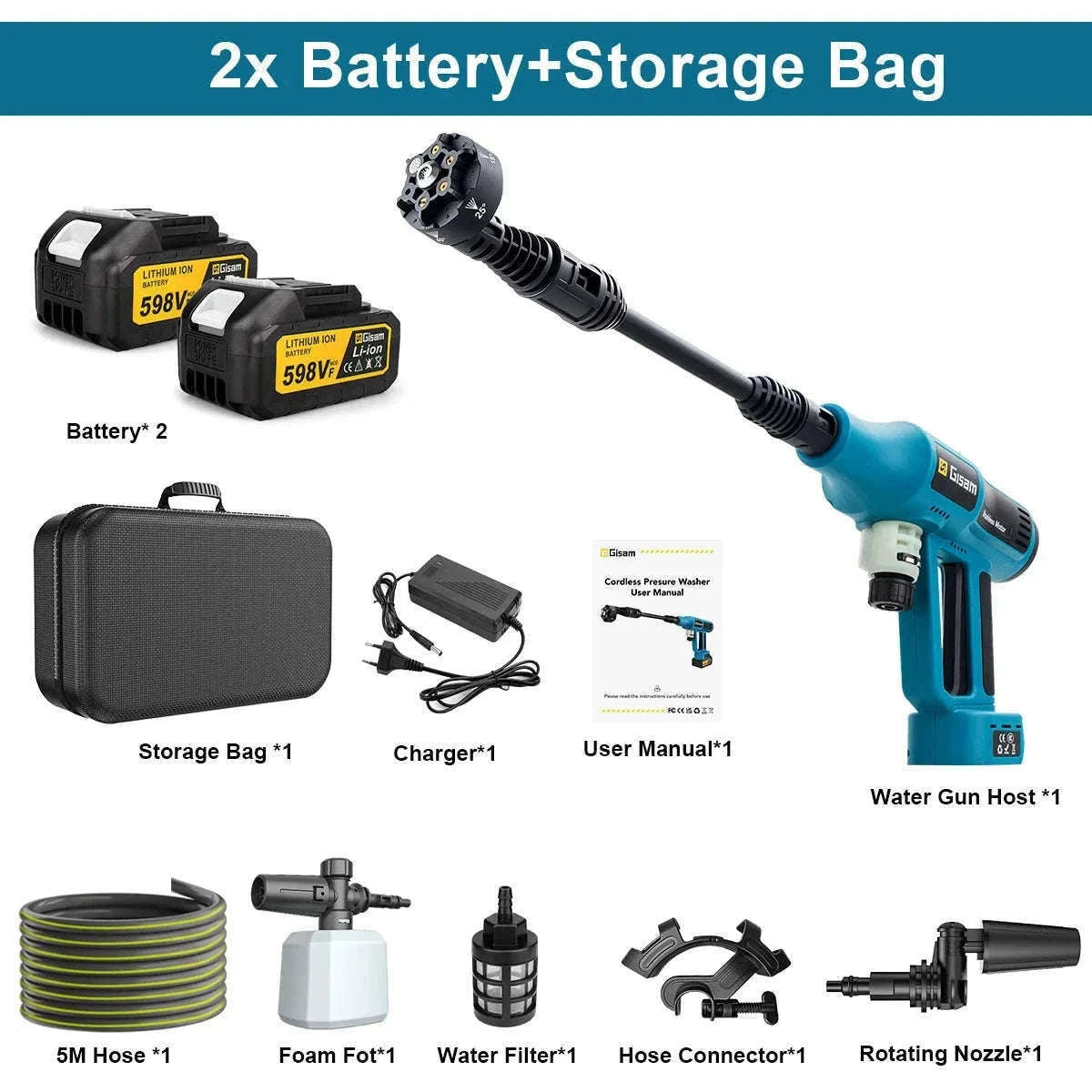 Cordless 250Bar High Pressure Washer Gun with Brushless Motor-China Mainland / 2 Battery 1 Plug