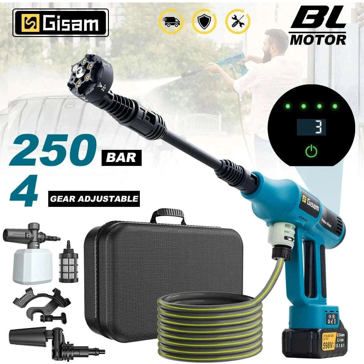 Cordless 250Bar High Pressure Washer Gun with Brushless Motor-China Mainland / 2 Battery 1 Plug