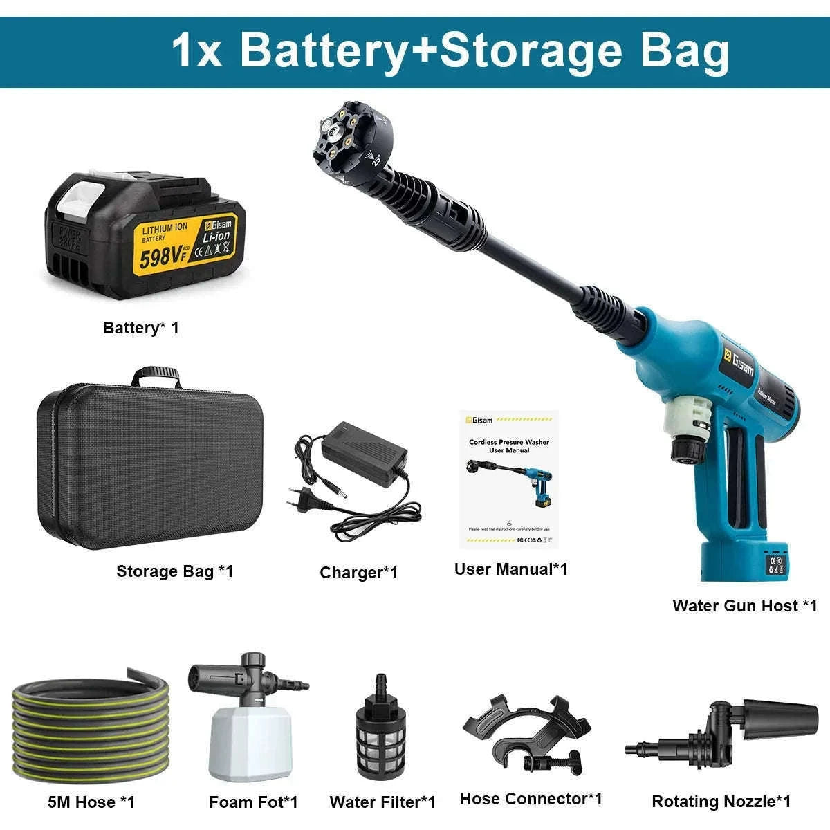 Cordless 250Bar High Pressure Washer Gun with Brushless Motor-China Mainland / 2 Battery 1 Plug