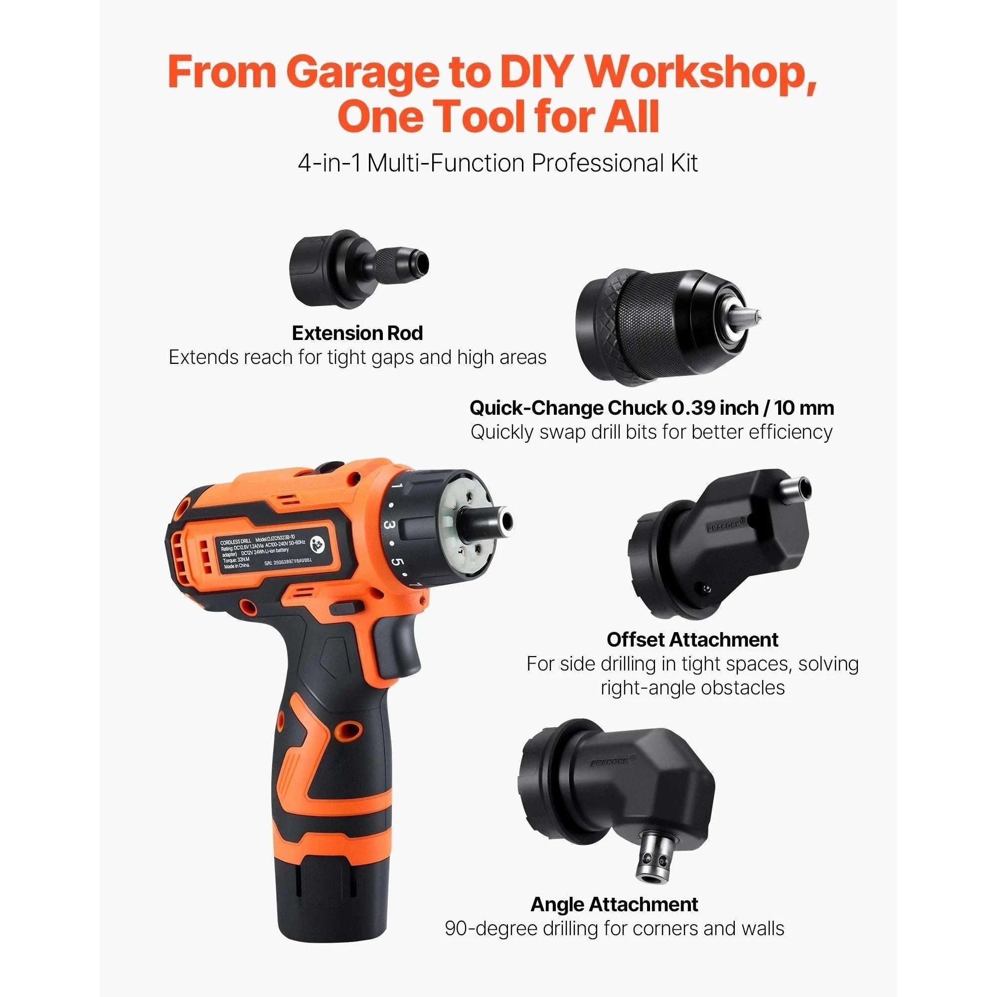 Cordless Drill Driver Kit with 32Nm Torque, 2 Batteries & 22pcs Set-0.375 inch / United States