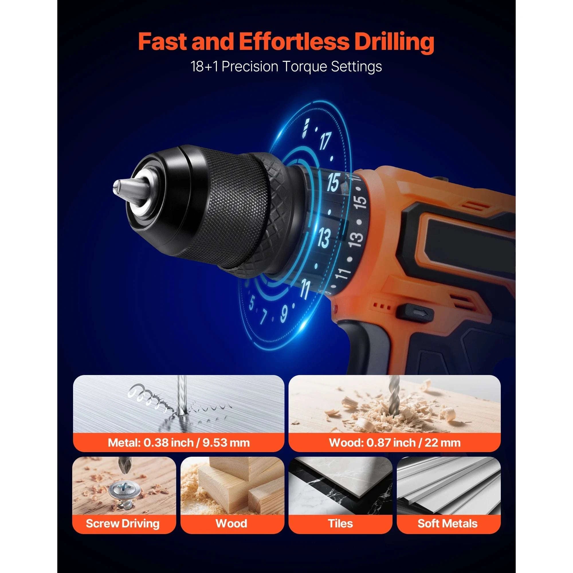 Cordless Drill Driver Kit with 32Nm Torque, 2 Batteries & 22pcs Set-0.375 inch / United States
