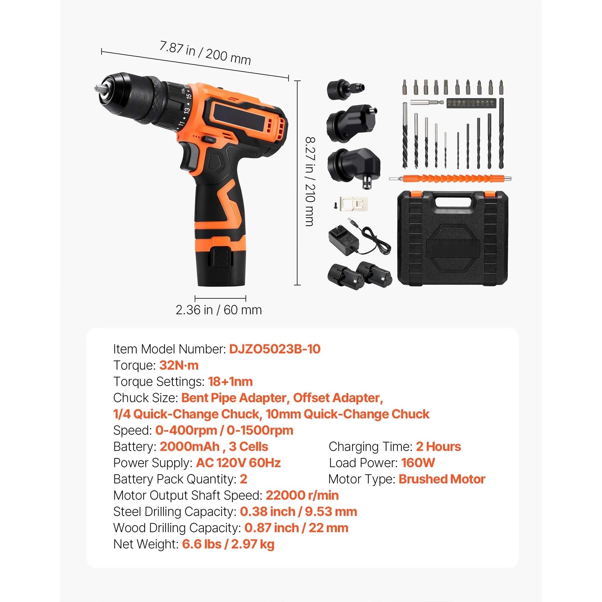 Cordless Drill Driver Kit with 32Nm Torque, 2 Batteries & 22pcs Set-0.375 inch / United States