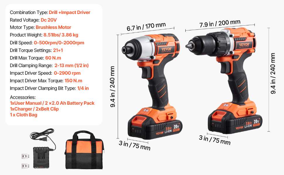Cordless Drill & Impact Driver Combo Kit with Batteries and Charger-2pcs 12V A / United States