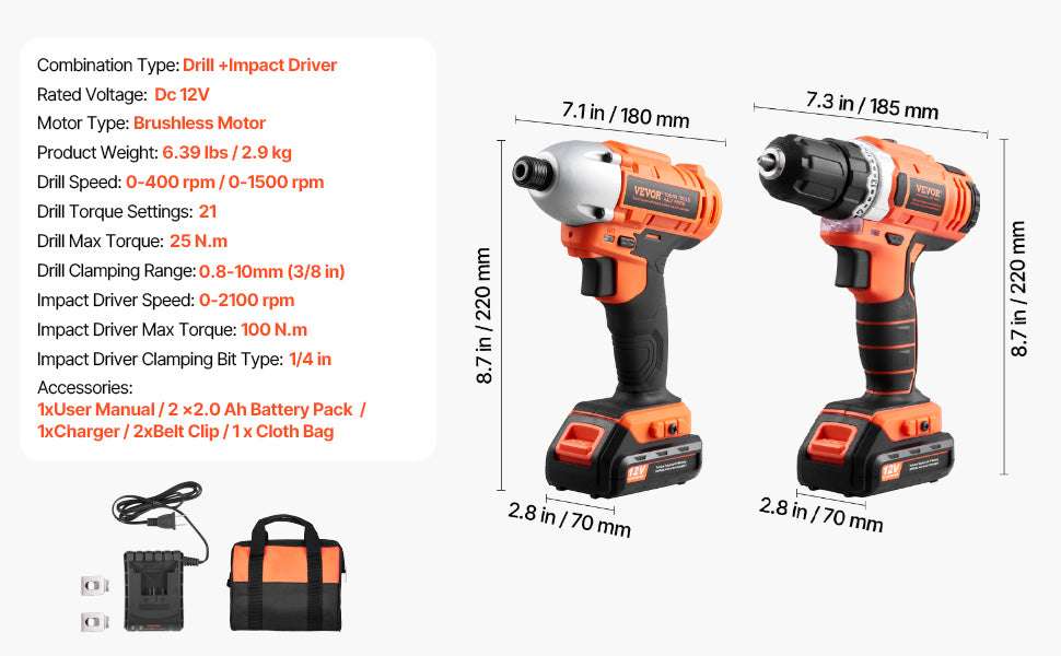 Cordless Drill & Impact Driver Combo Kit with Batteries and Charger-2pcs 12V A / United States