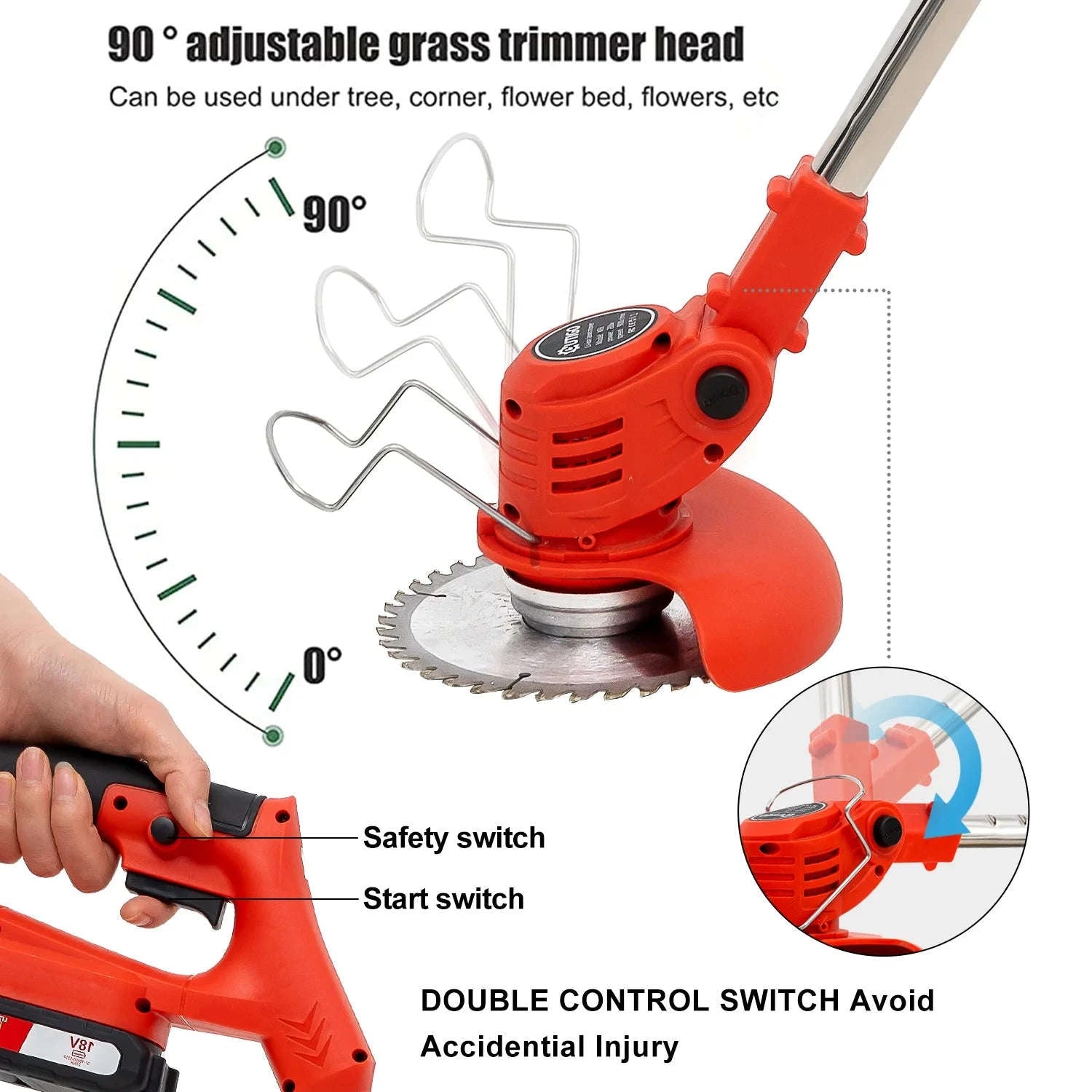 Cordless Electric Grass Trimmer with Adjustable Head and 4 Blade Types-Red / EU / two batteries|france