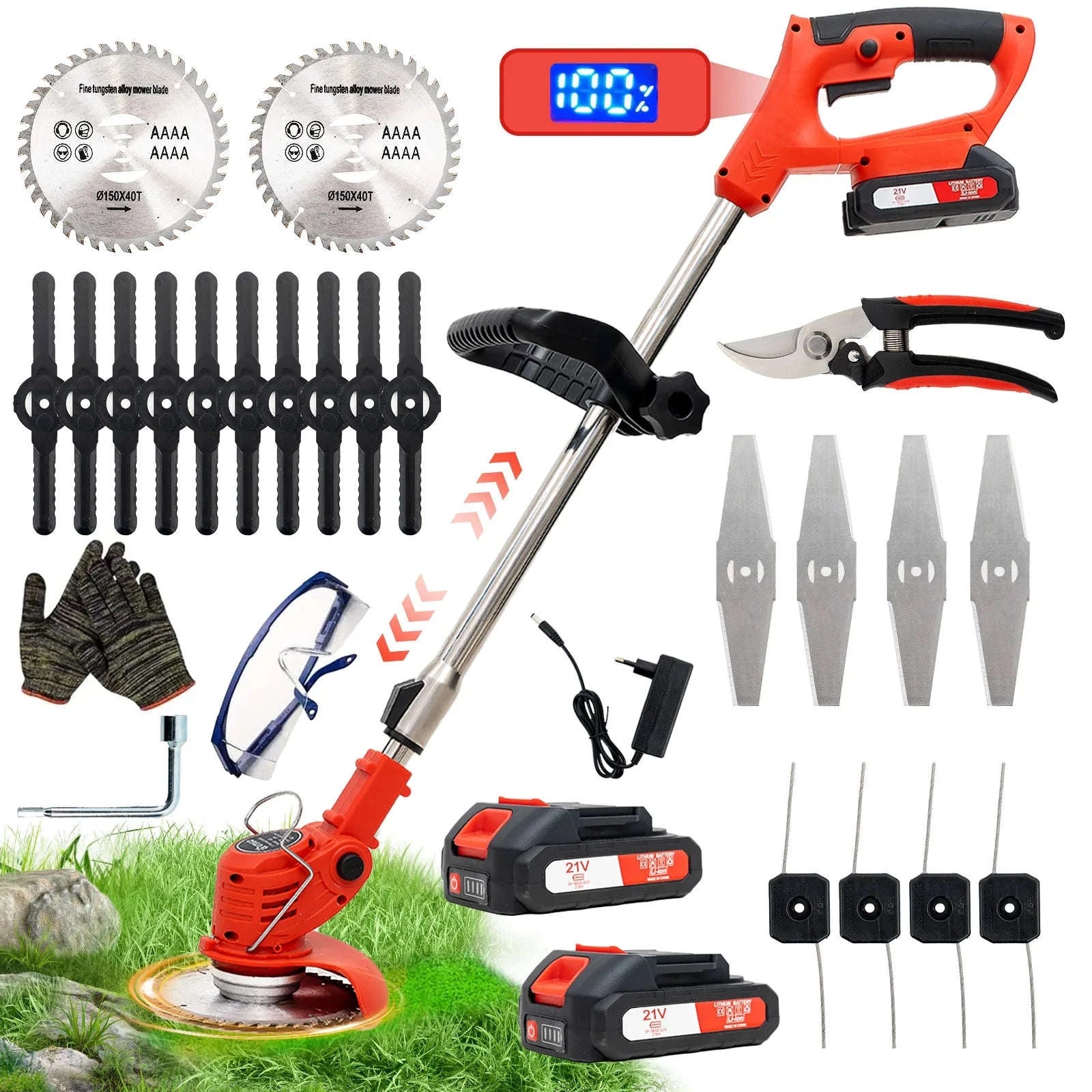 Cordless Electric Grass Trimmer with Adjustable Head and 4 Blade Types-Red / EU / two batteries|france