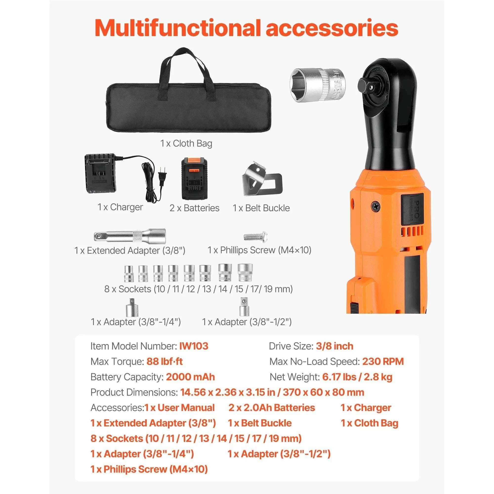 Cordless Electric Ratchet Wrench Set with Dual Batteries & Sockets-33 lbf-ft 230RPM / United States