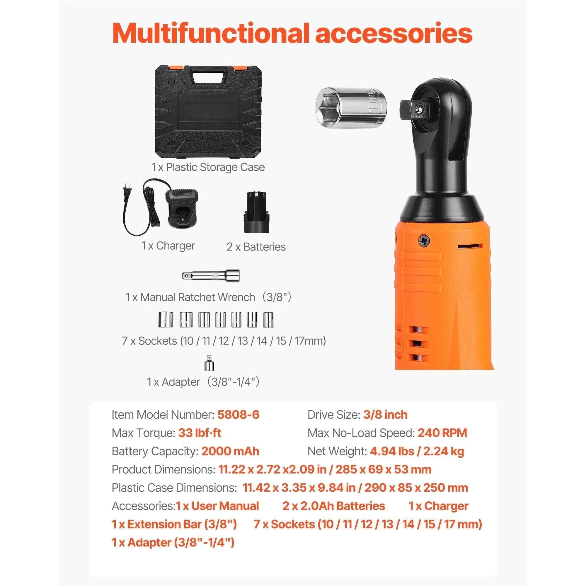 Cordless Electric Ratchet Wrench Set with Dual Batteries & Sockets-33 lbf-ft 230RPM / United States