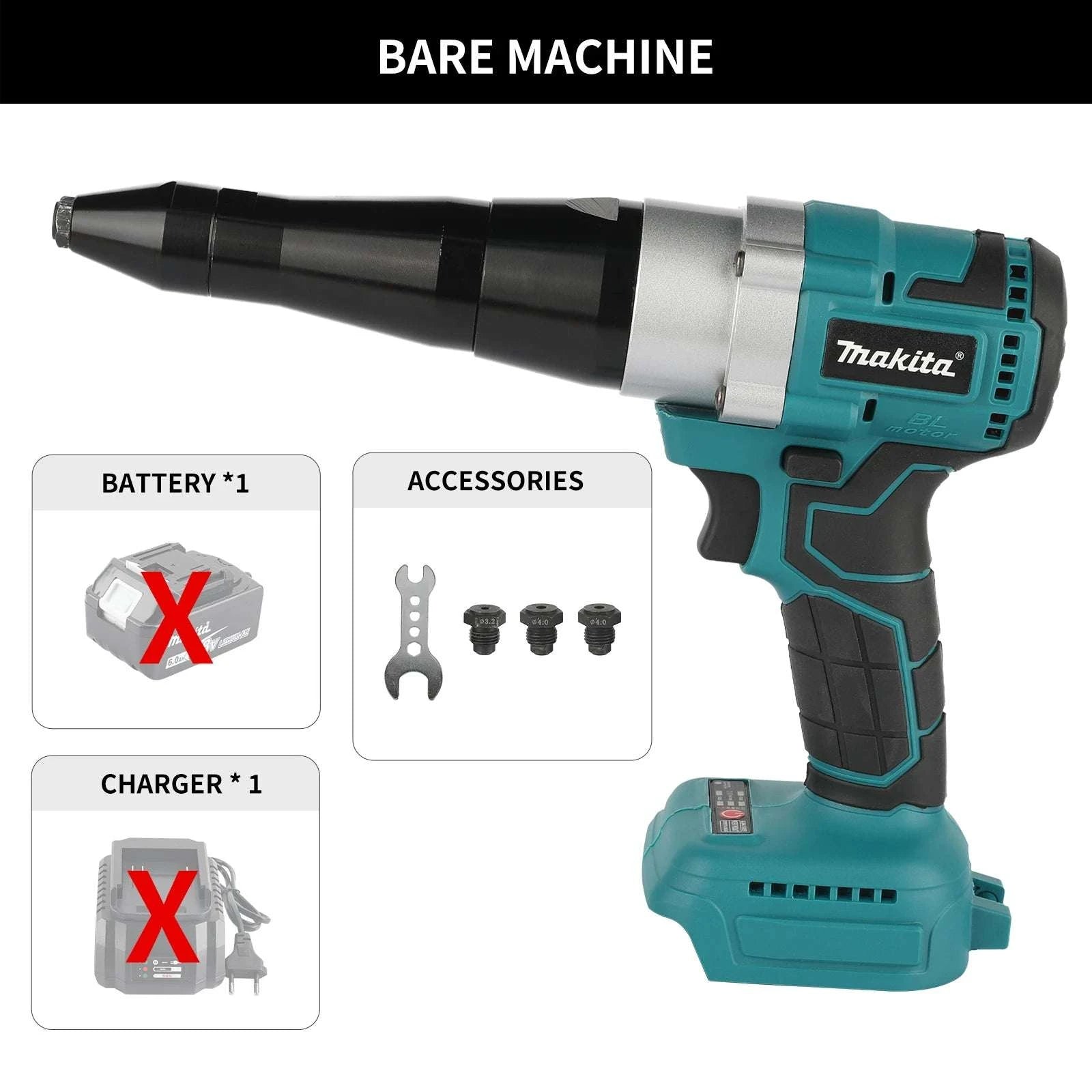 Cordless Electric Rivet Gun with Brushless Motor and LED Light-No battery