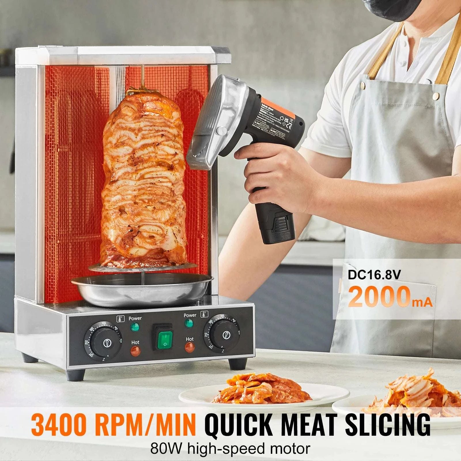 Cordless Electric Shawarma Knife 100mm Stainless Steel Gyro Cutter-Flat surface / CZECH REPUBLIC