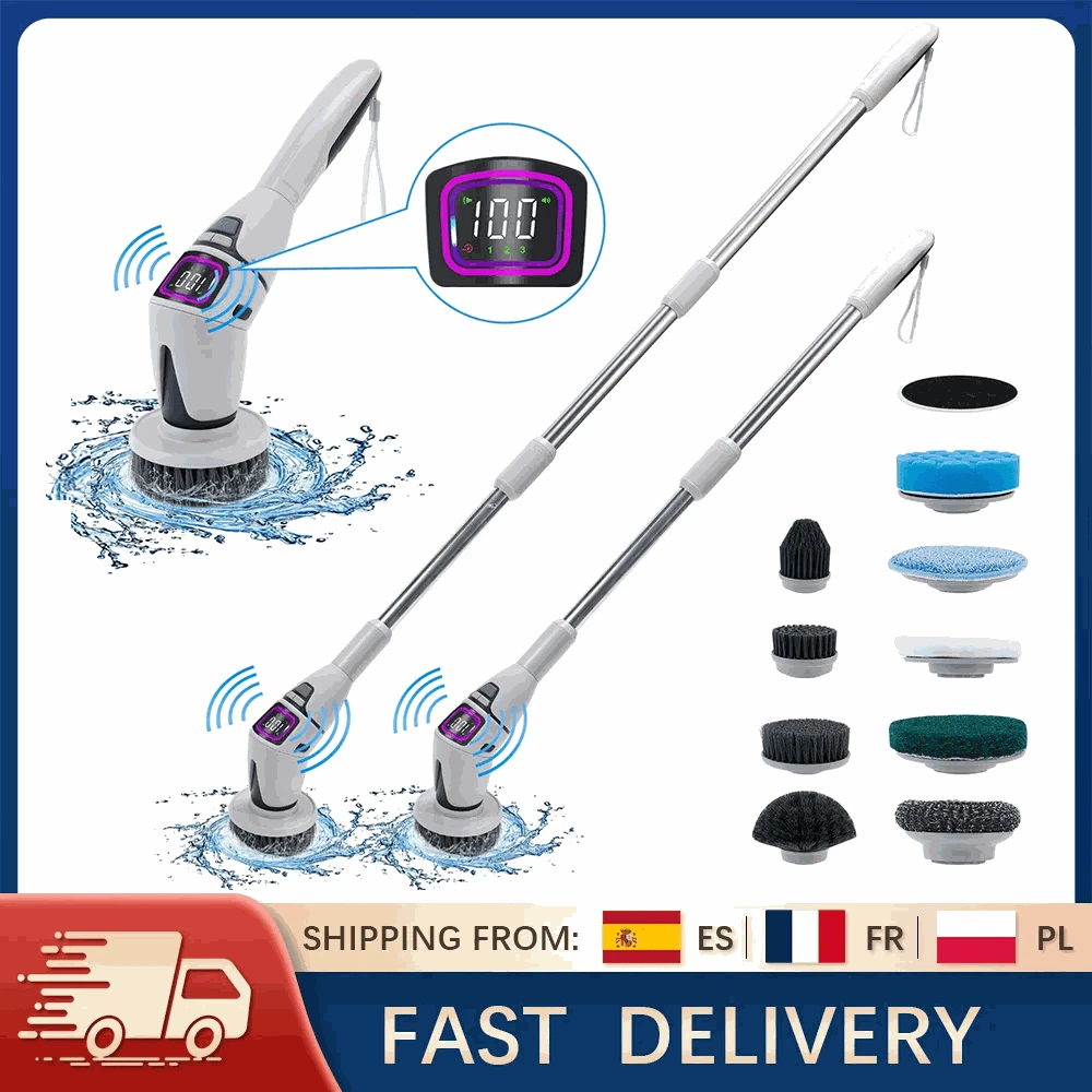 Cordless Electric Spin Scrubber with 10 Brush Heads & Extension Handle-GRAY / france