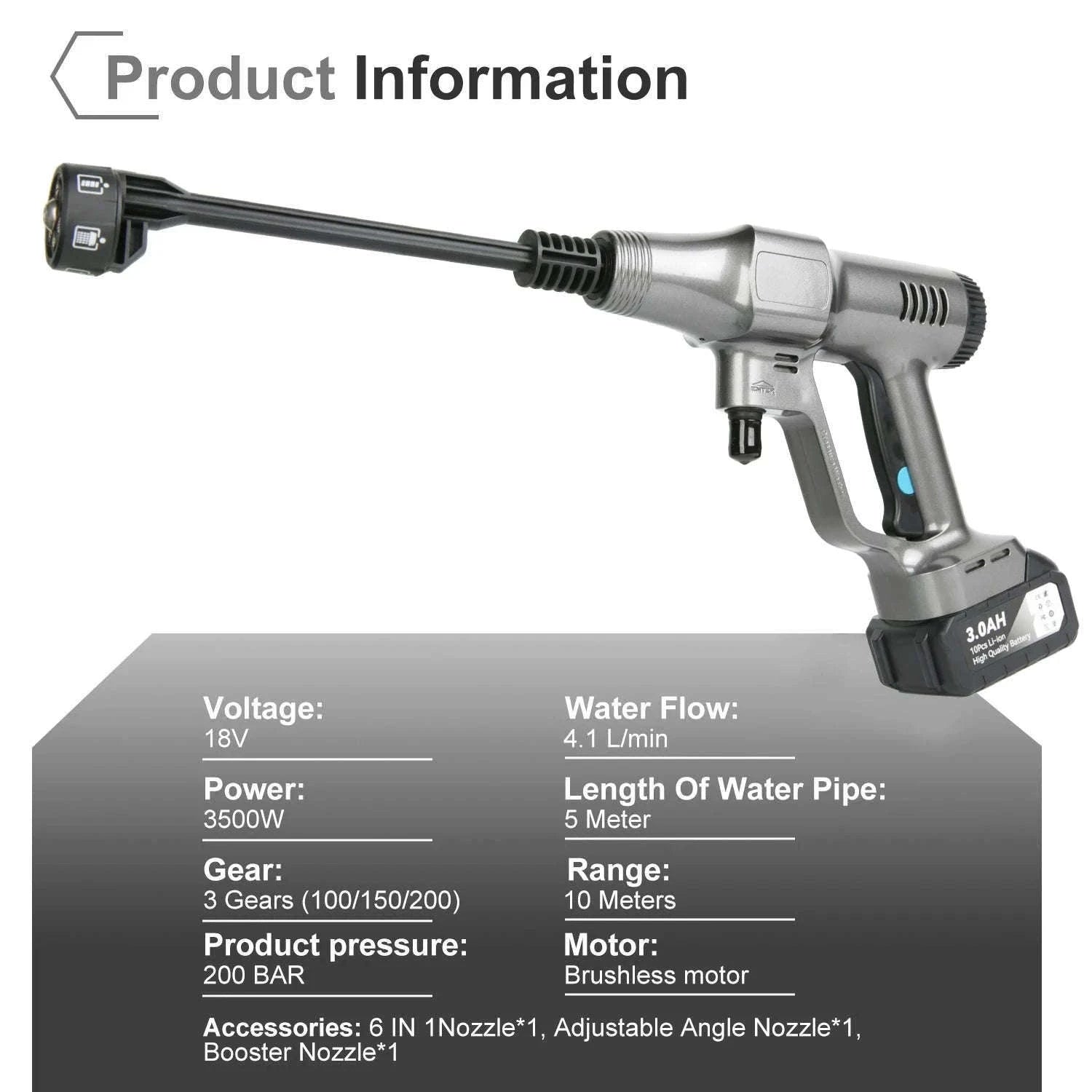 Cordless High Pressure Washer 200 Bar 6-in-1 Nozzle 18V-1 pc battery / EU / france|Electric