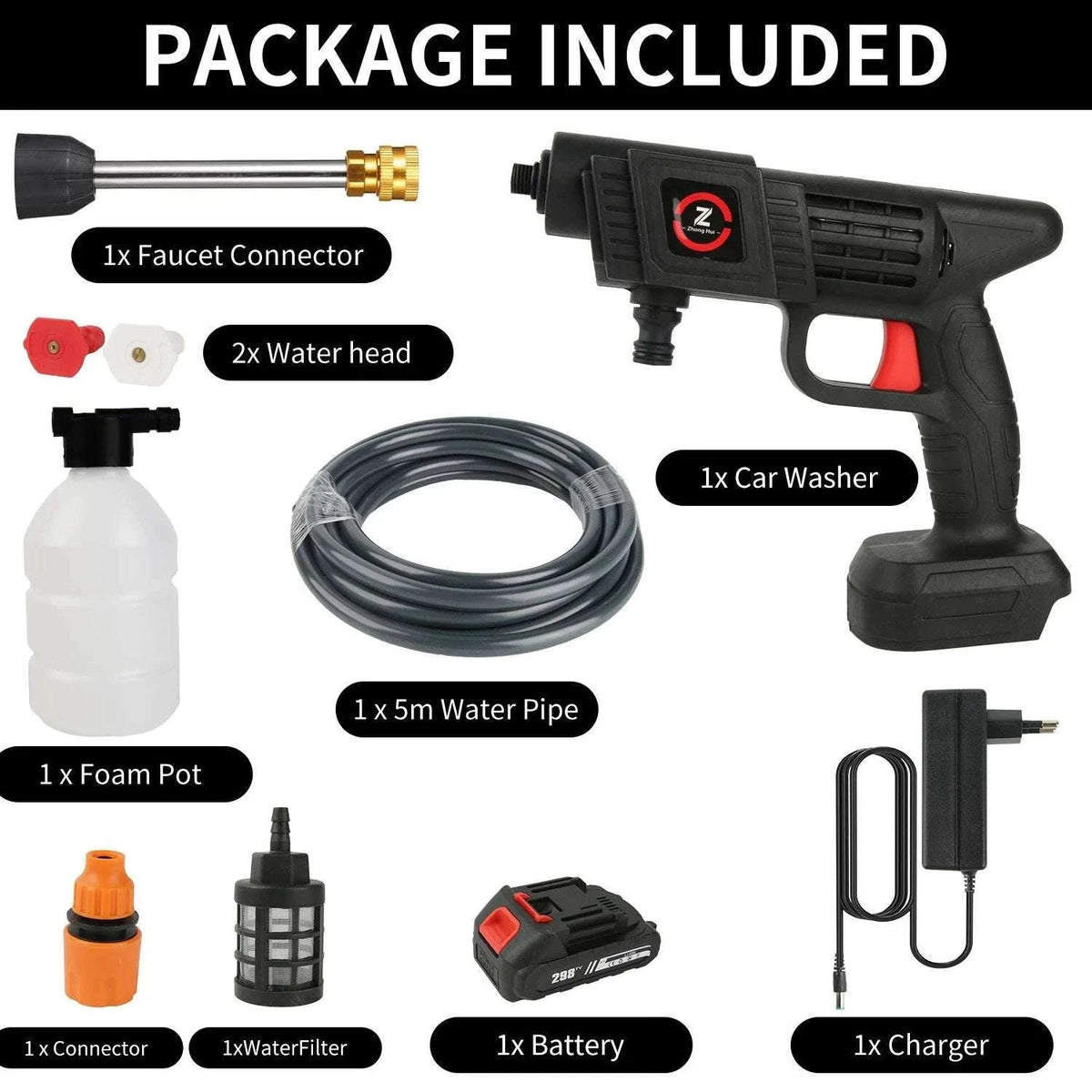 Cordless High Pressure Washer 50Bar with Battery & 6-in-1 Nozzle-20000mAh Battery*2 / EU / france|Electric
