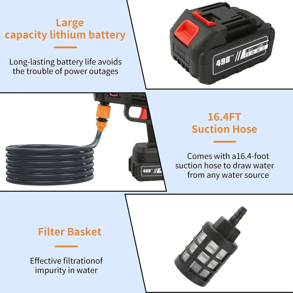 Cordless High Pressure Washer 50Bar with Battery & 6-in-1 Nozzle-20000mAh Battery*2 / EU / france|Electric
