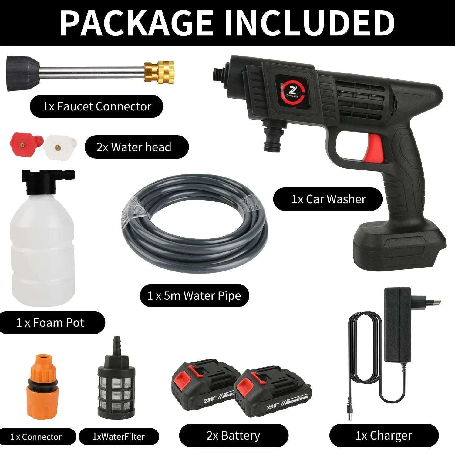 Cordless High Pressure Washer Gun 50BAR with Battery and Foam Spray-