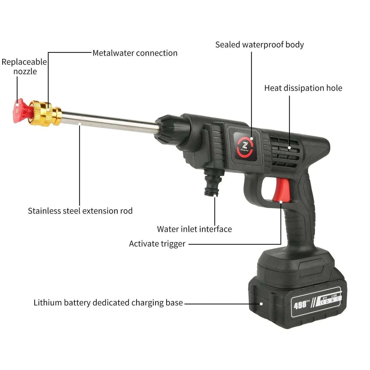 Cordless High Pressure Washer Gun 50BAR with Battery and Foam Spray-PL-20000mAhBattery*1 / Battery Powered / france