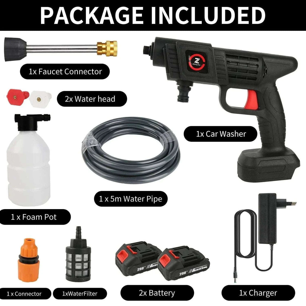 Cordless High Pressure Washer Gun 50BAR with Battery and Foam Spray-PL-20000mAhBattery*1 / Battery Powered / france