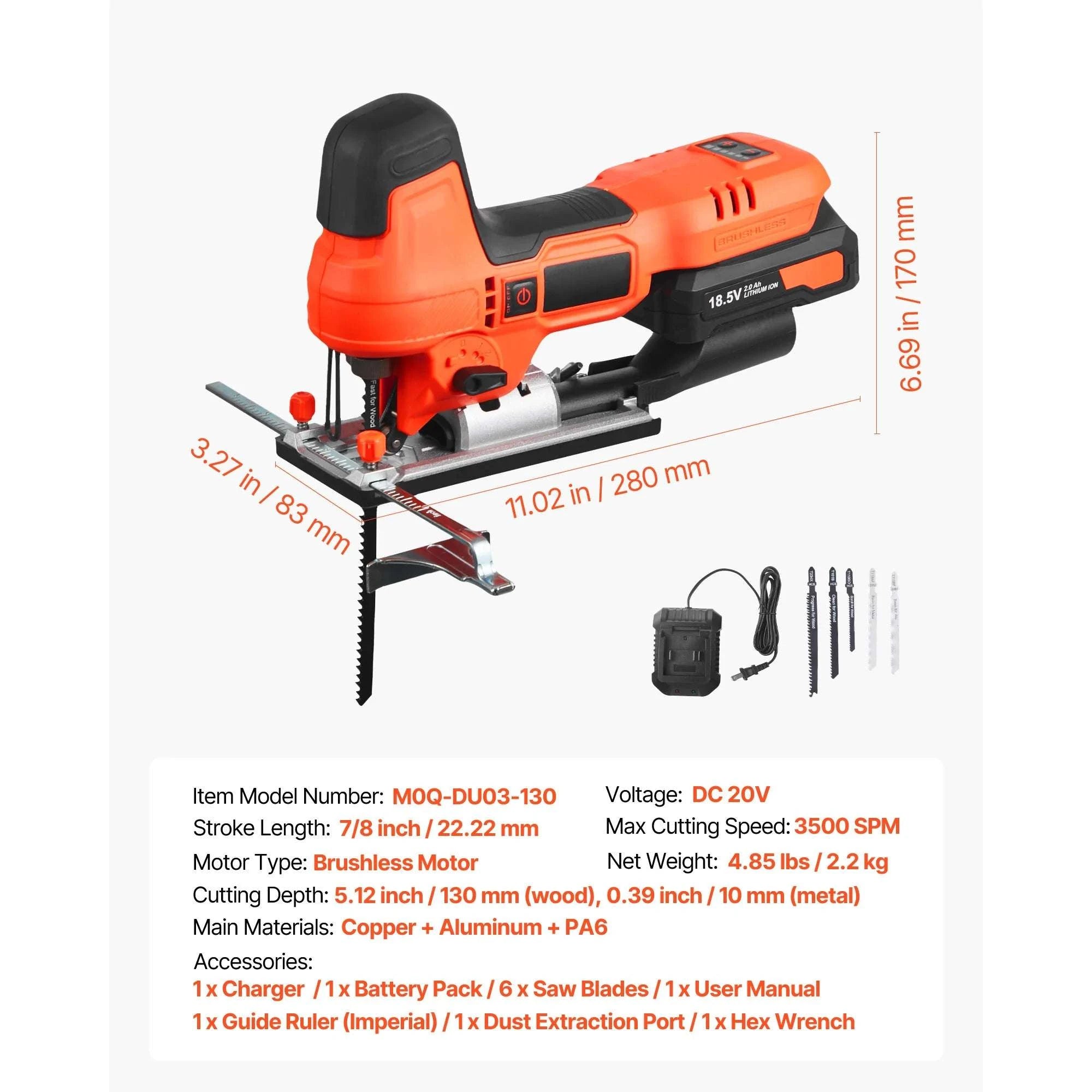 Cordless Jig Saw 3500 SPM with Variable Speeds & Orbital Settings-3500spm / United States