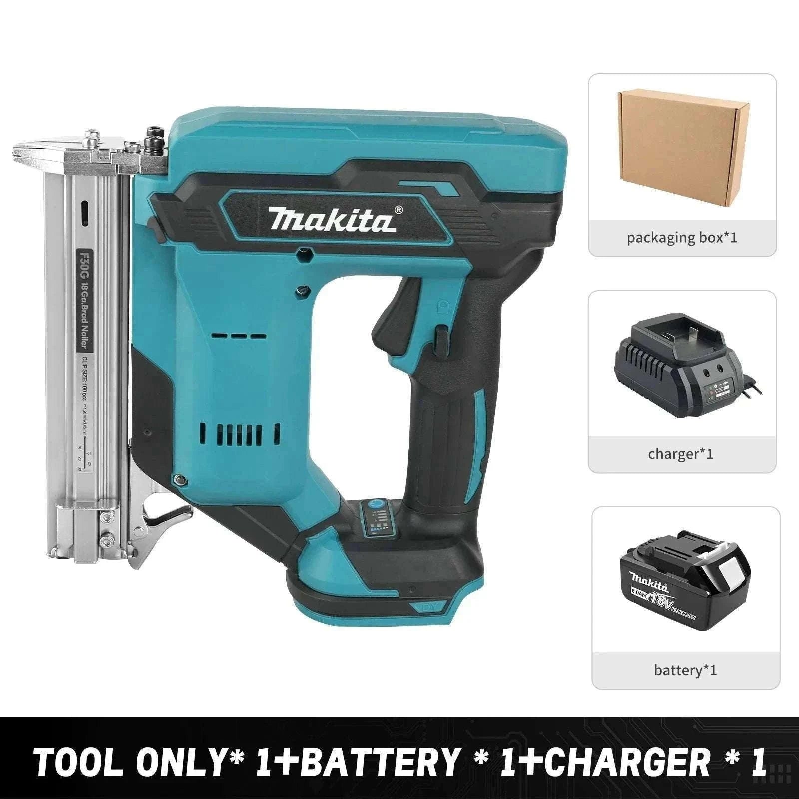 Cordless Nail Gun 10–30mm 100-Nail Capacity High-Speed Woodworking Tool-1Battery 1Charger EU