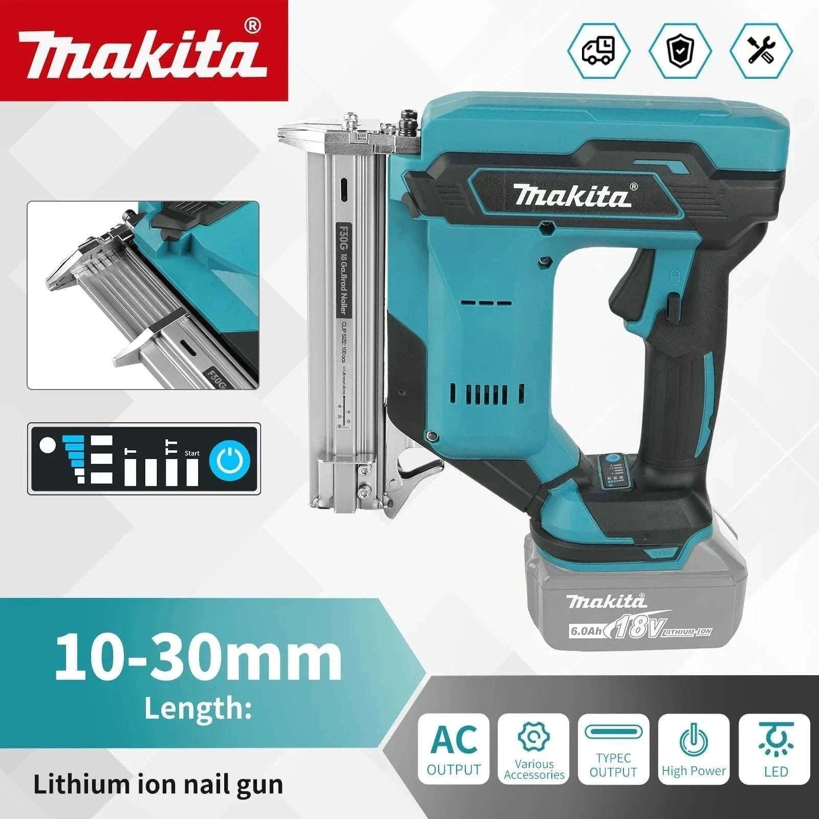 Cordless Nail Gun 10–30mm 100-Nail Capacity High-Speed Woodworking Tool-1Battery 1Charger EU